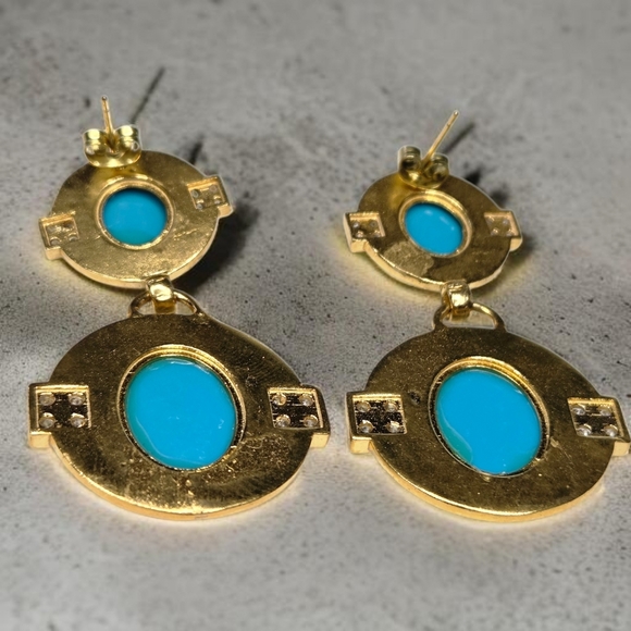 18k Gold Plated High-end Designer White Enamel Turquoise Cabochon Earrings - Picture 4 of 5